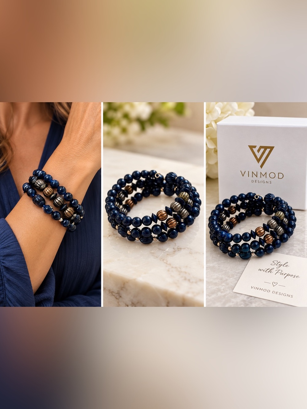 Vintage Navy, Bronze & Brass Beads Upcycled - VINMOD Designs Wire Bracelet